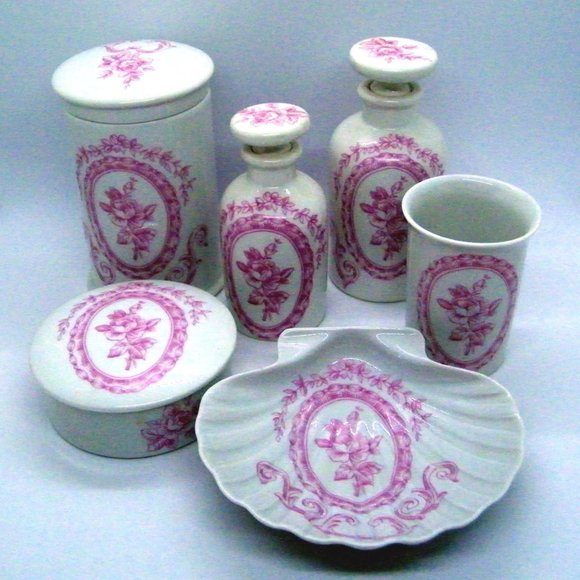 Vintage Porcelaine de Paris 6 pc Bathroom Vanity Set Soap Dish Jars Cup - Picture 2 of 5